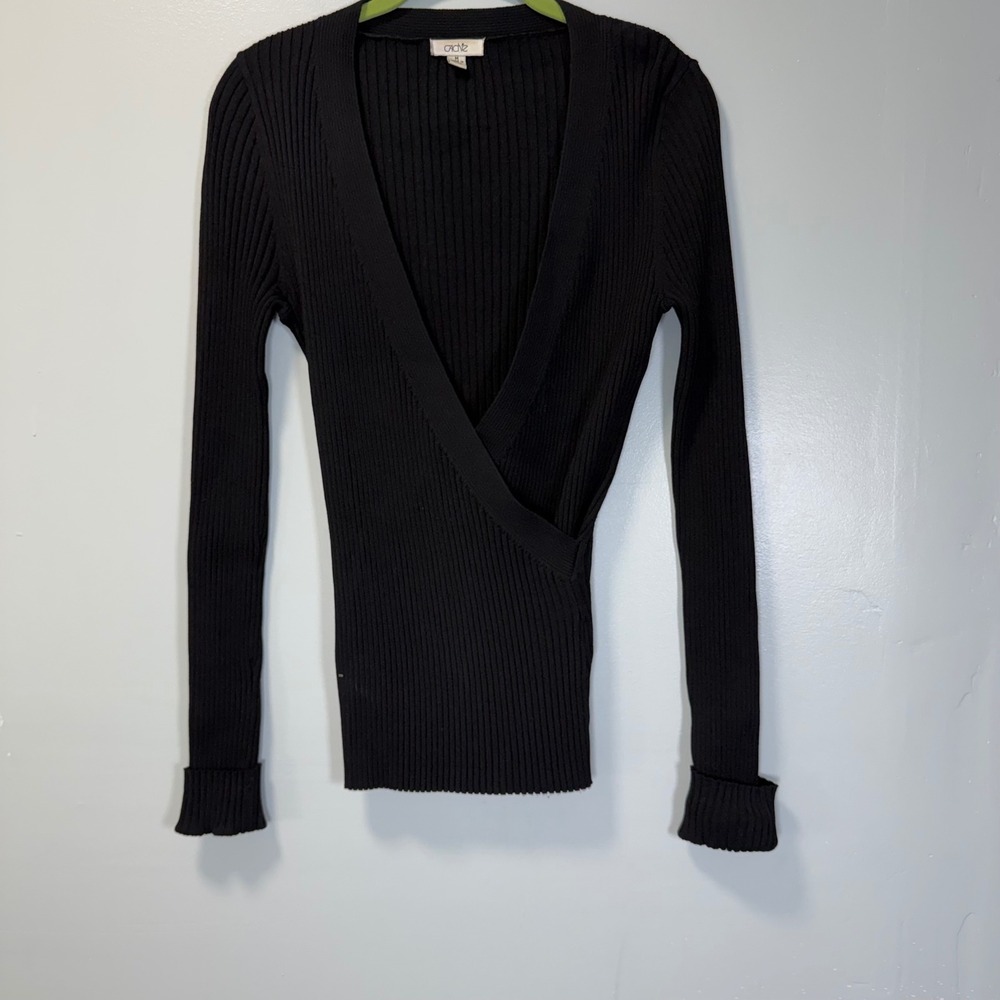Cache Vintage Y2K Ribbed Knit Wrap‎ Top Long Sleeve V-Neck Black Sweater  M